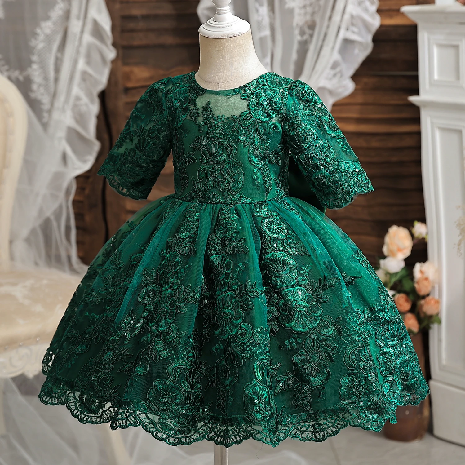 Toddler Baby Girls Lace Dress Embroidery Elegant Princess Dresses for 1-5 Years Newborn Infant Clothing Green Christmas Costumes