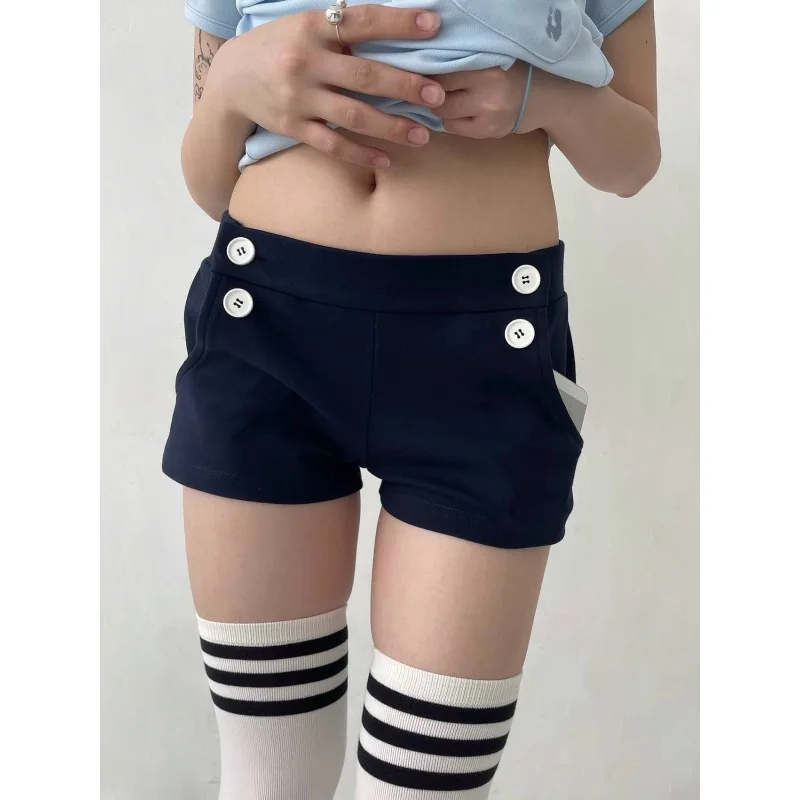 2026 Women High Waist Shorts Double Button Decor Striped Casual Short Pants With Pockets Elastic Waist Summer Female Streetwear