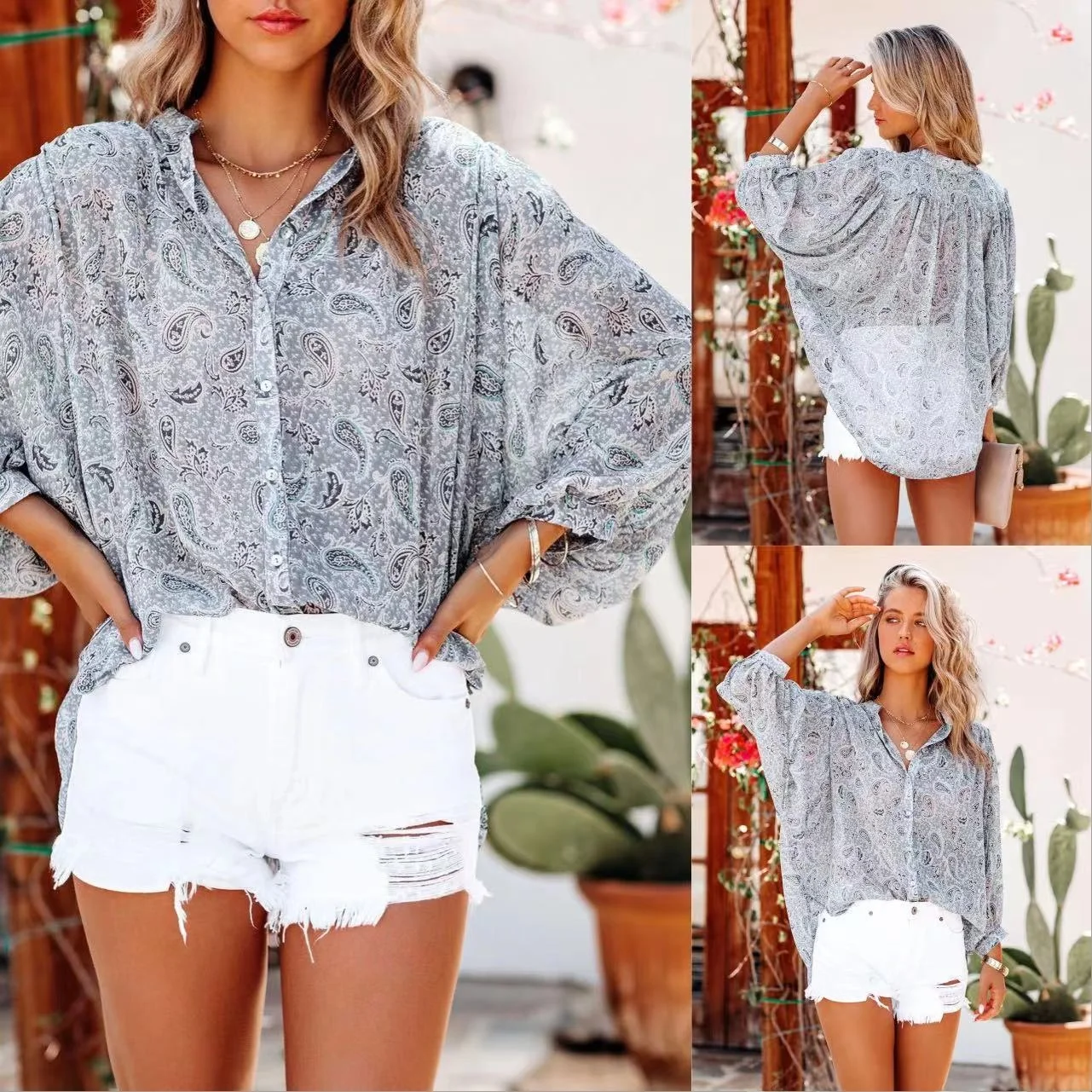 

Женский свободный капюшон Bubble Sve irt Ne Bat Sle, независимая станция через границу, высокая талия, хлопок пяти четвертей Hanma