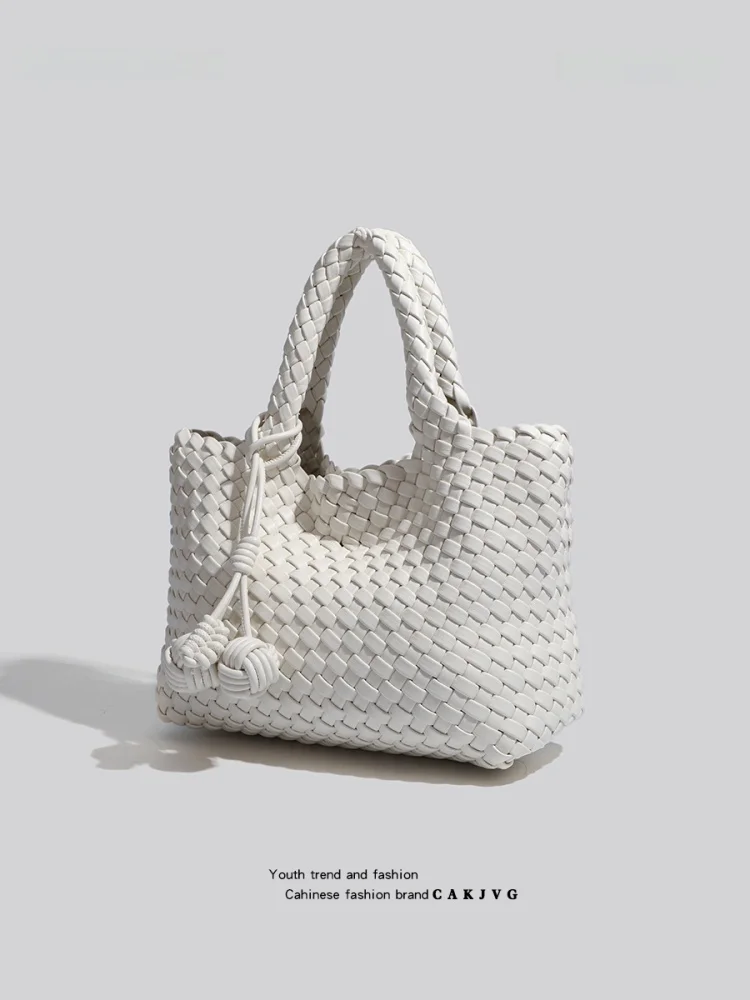 

CAKJVG Original Handwoven Basket Tote Bag Women's Commuter Bag Soft PU Leather Magnetic Clasp Casual oulder Bag