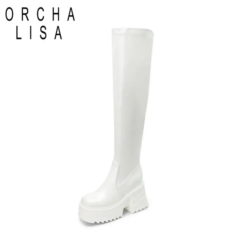 

ORCHALISA New Patent Leather Women Thigh High Boots Chunky Heel 9cm Double Platform Zipper Plus Size 41 42 43 Sexy Party Booties