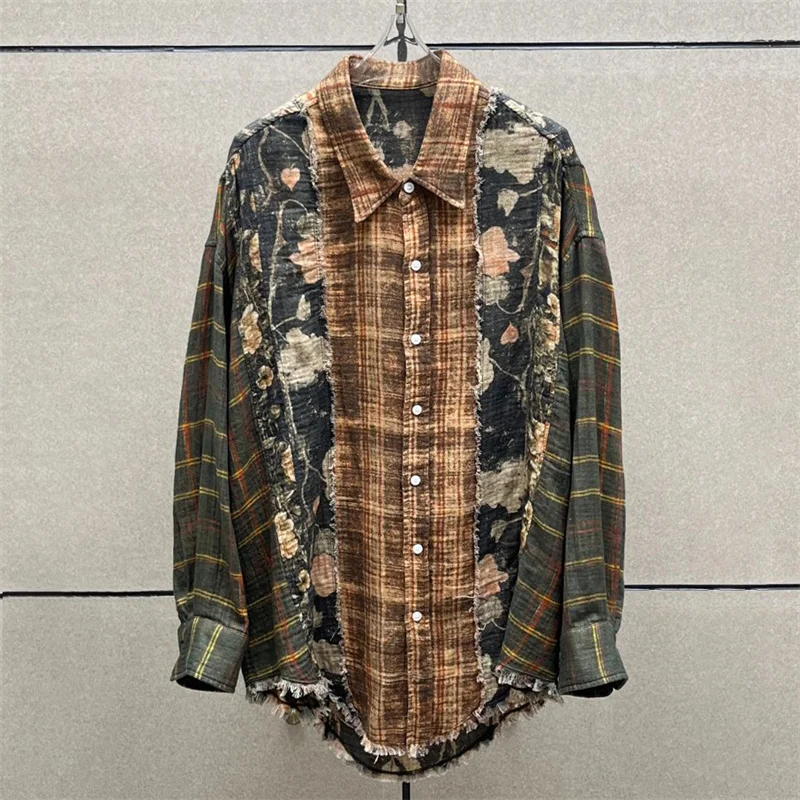 

Женская рубашка, новый лоскутный топ с длинными рукавами и цветными блоками на осень 2021, клетчатая женская блузка из чистого хлопка y2k, свободное тонкое пальто