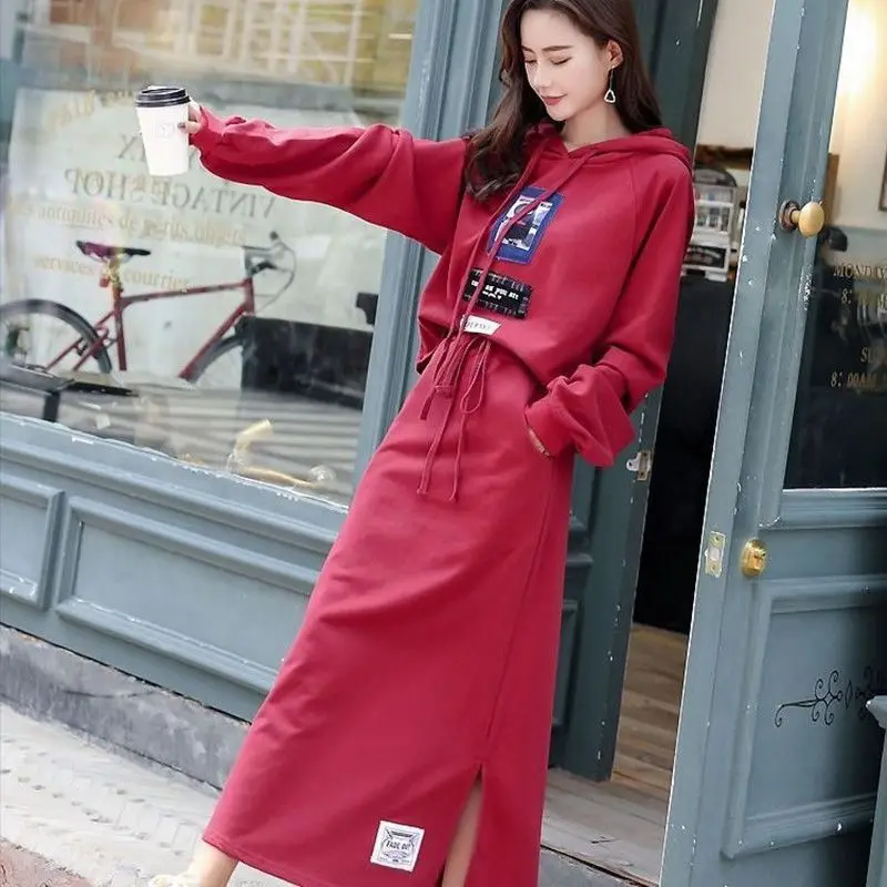 Women\'s Clothing Casual Printing Hooded Sweatshirts Ladies Long Sleeve Pullovers Spring Autumn Thin Fashion Straight Dress Sets