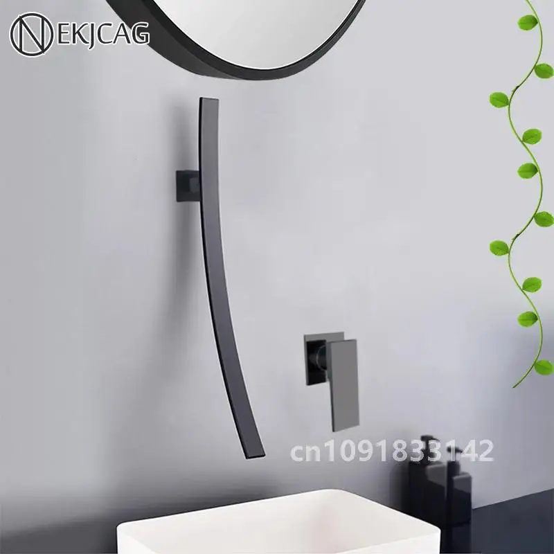 

Matte Black Waterfall Bathroom Basin Faucet 70cm Long Spout Single Lever Hot Cold Water Mixer Tap Wall Mounted Sink Torneira