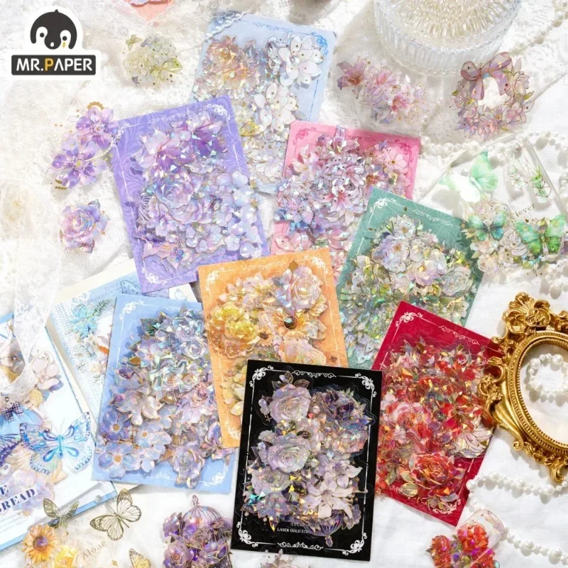 

Mr. Paper 20pcs/pack Vintage Sparkling Flower Sticker Bag PET DIY Decoration Handbook Exquisite Sticker Stationery