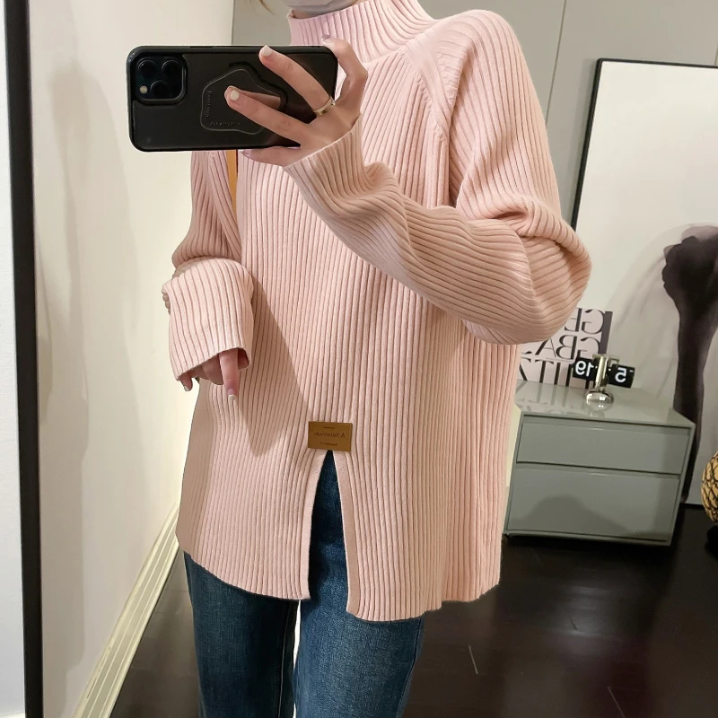 

2025 Autumn Winter Half High Neck Sweater for Women Split Versatile Knitted Base Sweater Fashion Solid Color Leisure Pullover