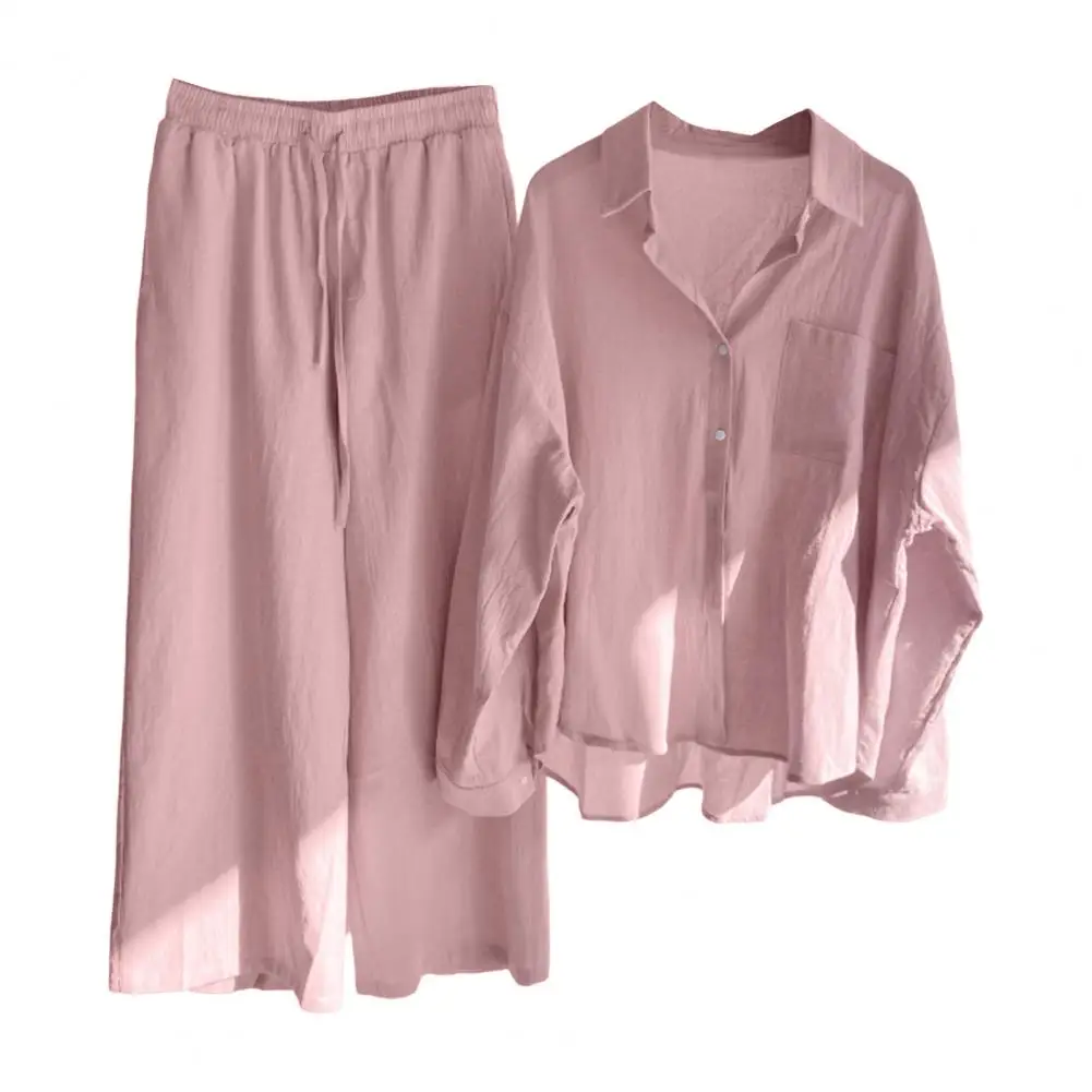 2 Pcs/Set Chic Casual Women Tops Pants Suit Vintage Style Long Sleeves Stretchy Waist T-shirt Pants Set Buttons