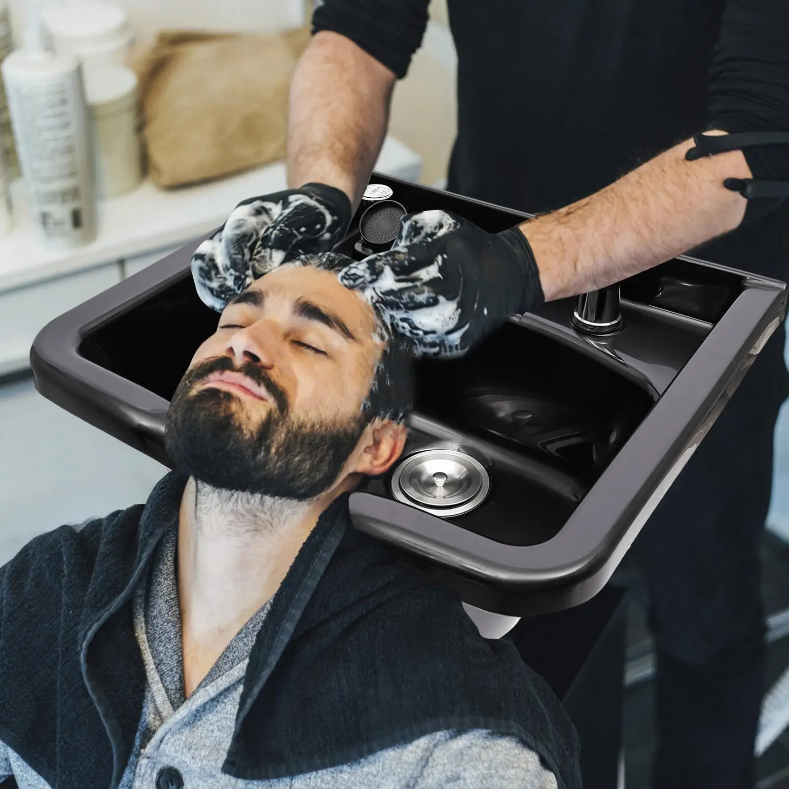 Cuenco de champú profesional para salón, fregadero de champú montado en la pared, equipo de salón y peluquero, fregadero de retrolavado de Abs profundo negro para peinado