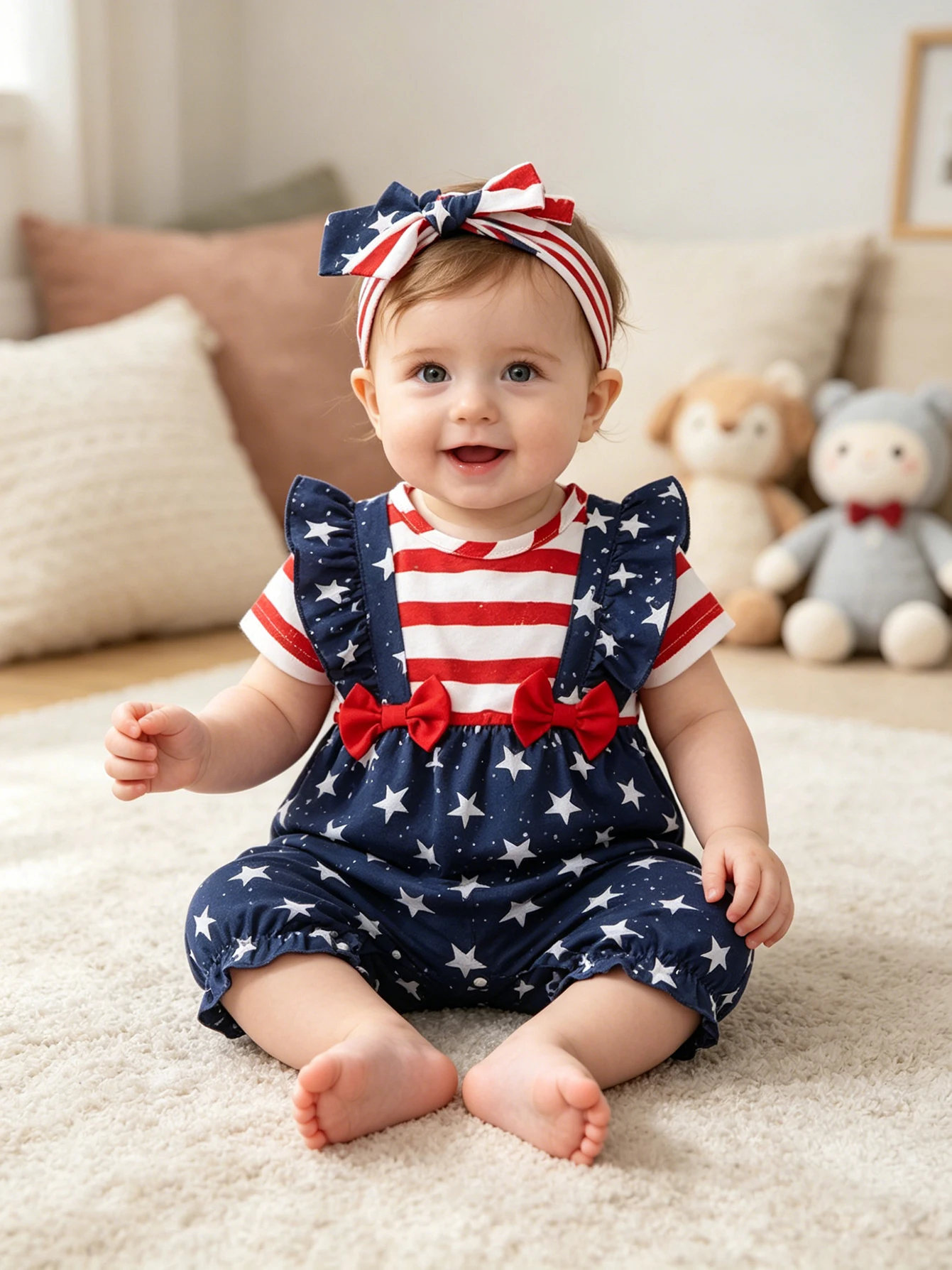 American-Style Star-Striped Short-Sleeve Romper for Summer, Infant and Toddler Color-Blocked Bowknot Flutter-Sleeve Jumpsuit, Outdoor Outfit Paired with Matching Headband Two-Piece Set, Cute Newborn Outfit