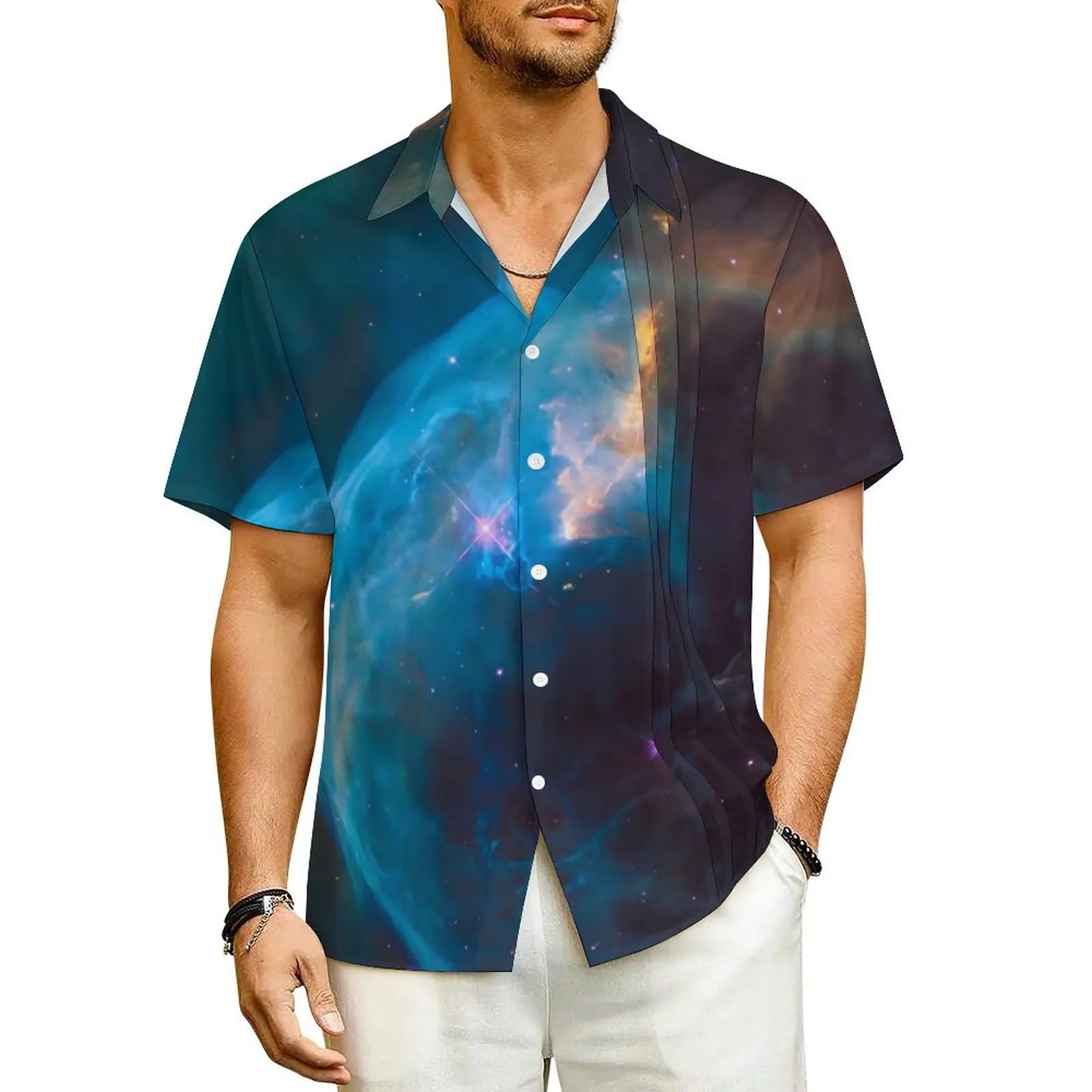 

Outer Space Beach Shirt Colorful Galaxy Print Hawaii Casual Shirts Man Elegant Blouses Short-Sleeve Y2K Fashion Design Tops