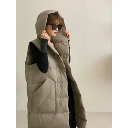 2024 Down Jacket Women Winter Mid-length Hooded Warm Loose Down Vest Thickened New American Fashion Overcoats Lady Oversize