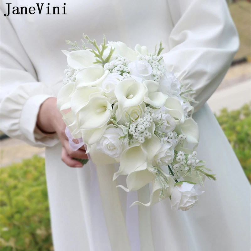 JaneVini Artificial White Calla Lily Wedding Bouquet Waterfall Style Silk Roses Florist Cascading Bridal Bouquet Bruids Boeket