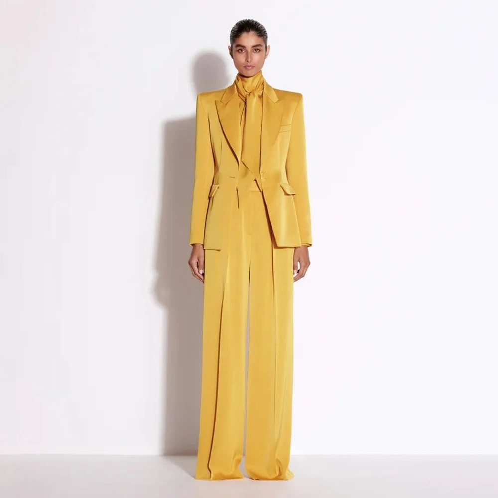 Office Lady Professional Wear Yellow Women Suit 2 Piece Formal Peaked Lapel Prom Party Pants Set Work Attire Interview Outfit