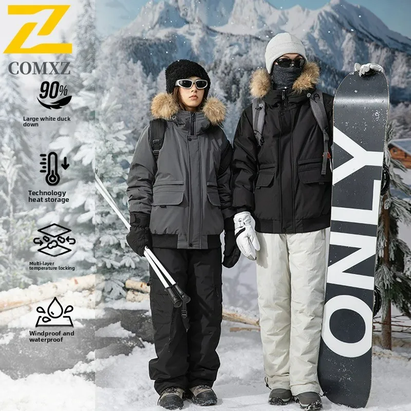 高級メンズダウンジャケット毛皮の襟フード付き屋外スキー厚い暖かいパッド入りジャケットプレミアムキャンプ耐寒冬コート