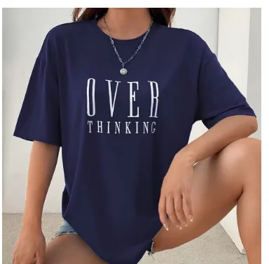 

Vintage Neck Tops All-math Casual T-Shirts Female Tee ClothingOver Thinking Letter Print Women Cotton Short Sleeve Breathable