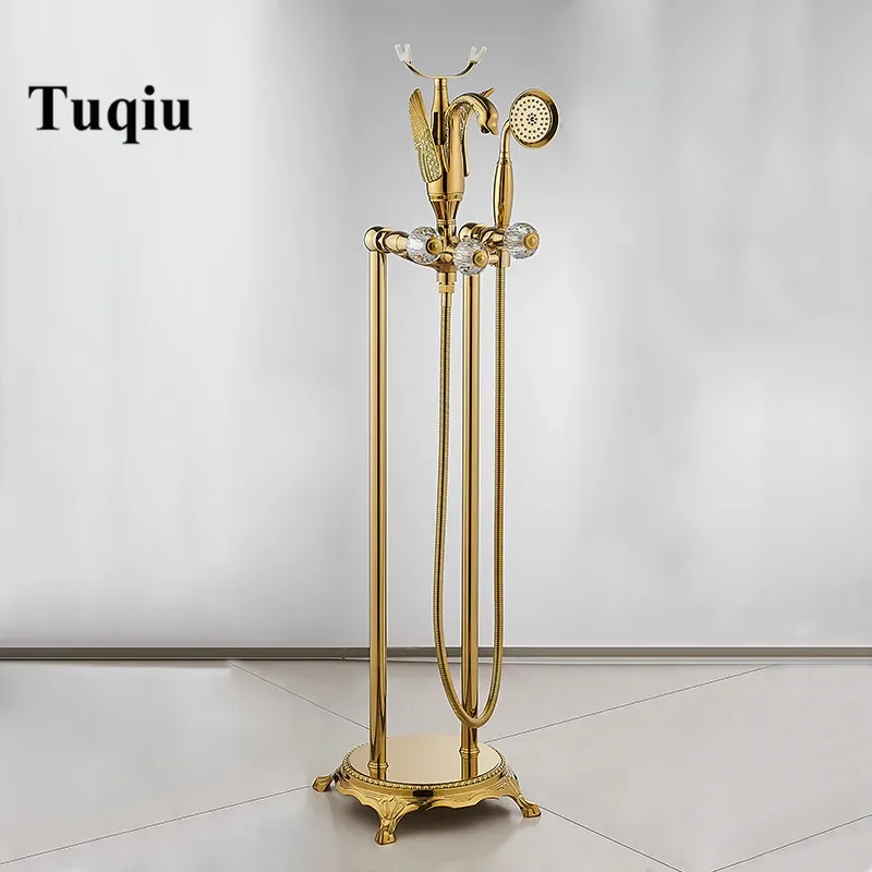 

Gold Bathroom Bathtub Faucet Handheld Shower Free Standing Black Oil Brushed Swan BathTub Mixer Taps Floor Mounted