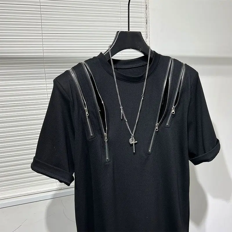 Popular Dark Department Personality Irregular Zipper Splicing Slit Designer Ruffian Handsome T-shirt Men's Fashion Tooling Top