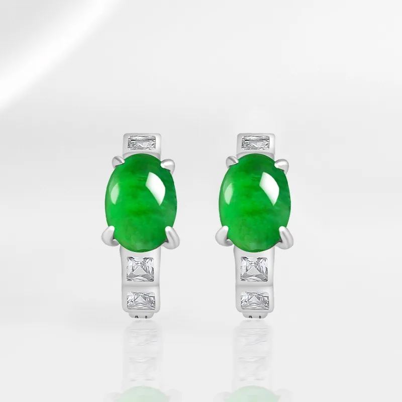 

TIMESWIND Natural A-type Jade Green Egg-shaped Ice Sense S925 Silver Women Earrings Certificate