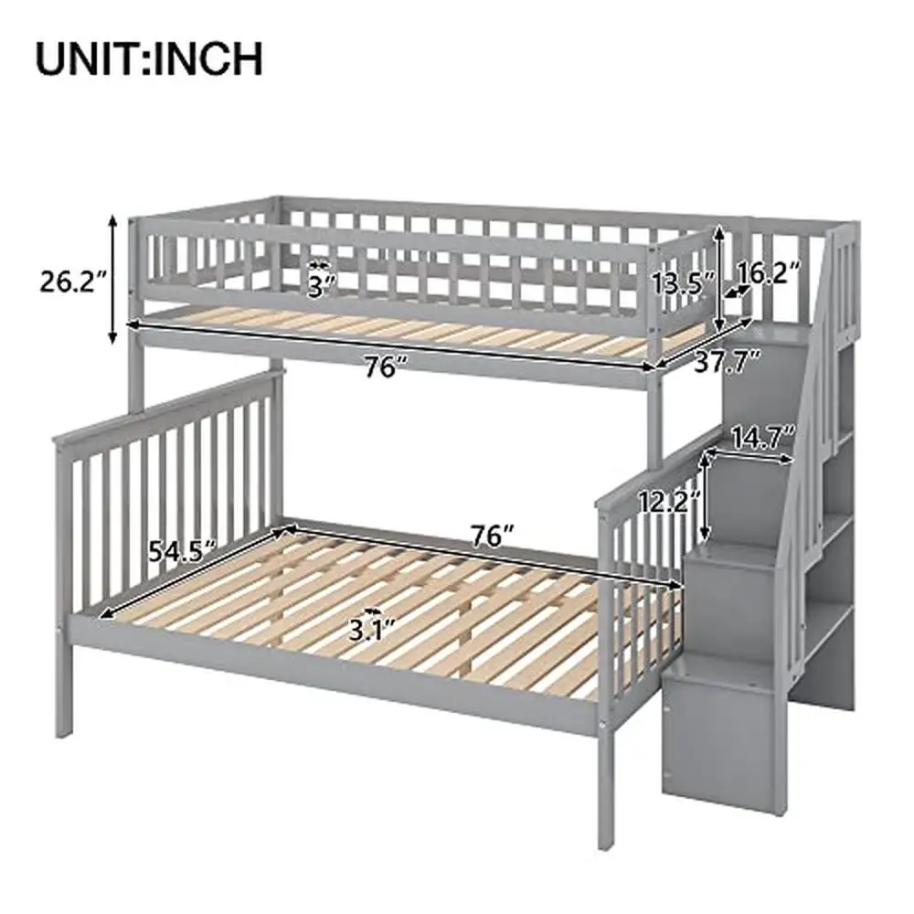 Full Over Full Bunk Beds with Trundle Storage and Guard Rails Wood Bunk Bed with Stairs Modern Design Sturdy Construction 95.2