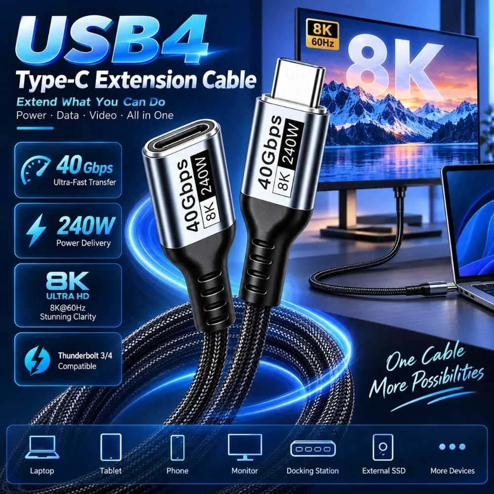 40Gbps USB4 Extension Cable Male to Female 240W PD USB-C Extension Cord Bend Resistant Nylon Braided Type-C Extender
