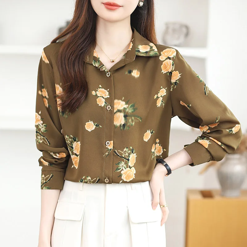 Women Clothing Elegant Fashion Long Sleeve Chiffon Shirt Spring Autumn Casual Loose Turn-down Collar Button Blouses Chic Y2k Top