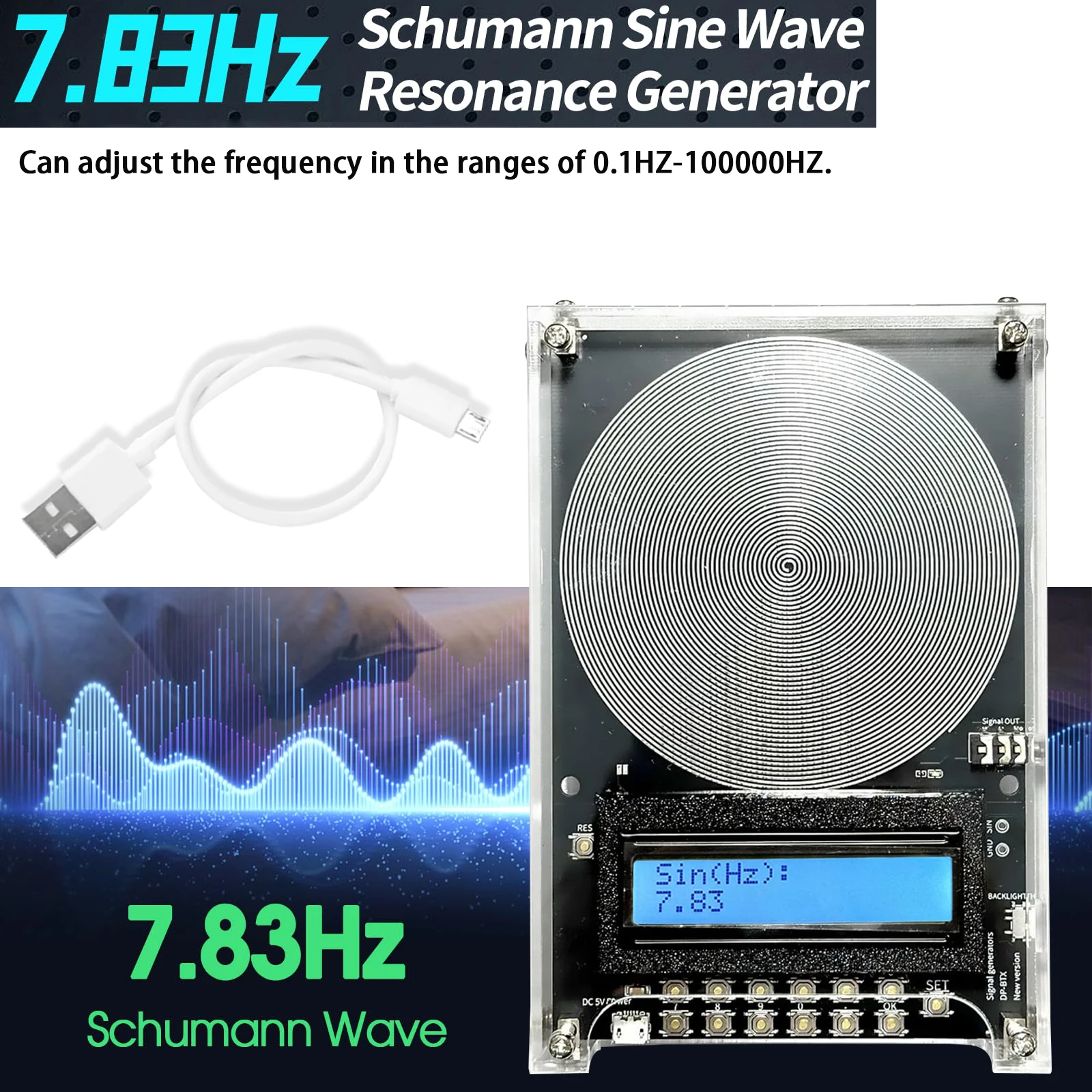 7.83Hz Schumann Waves Resonance Generator Ultralow Frequency Pulse Audio Resonator With acrylic case 0.01~100KHz Adjustable