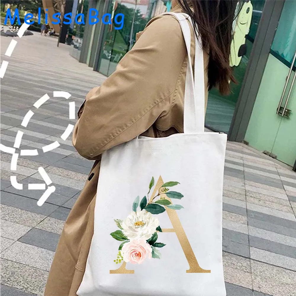 

Cute Flower Initial Letter Floral Monogram Gold Foil Nursery Wedding Alphabet Gifts Canvas Shoulder Totes Bag Cotton Eco Handbag