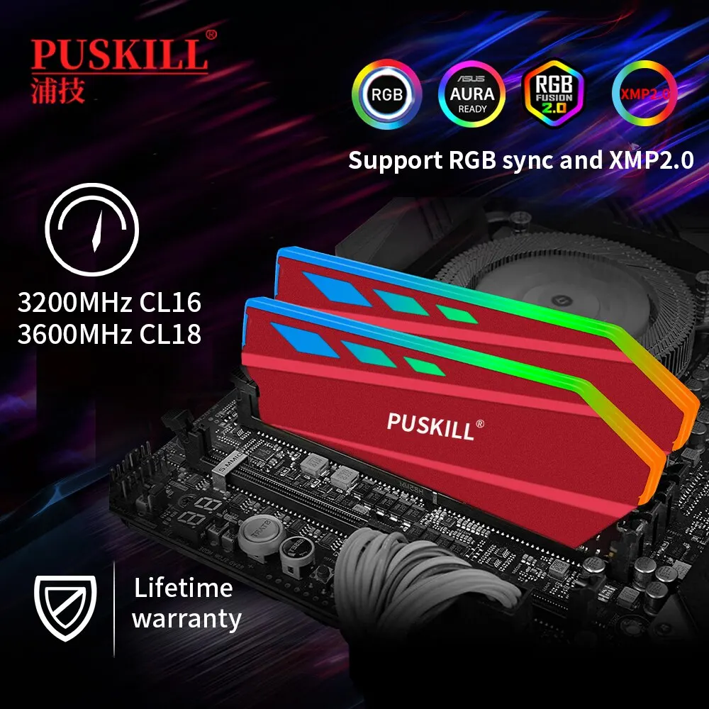 Puskill Memoria RGB RAM DDR4 8gbx2 16gbx2 3200MHz 3600MHz CL16 1.35V xpm2.0 tản nhiệt UDIMM Dual Channel Bộ nhớ máy tính để bàn