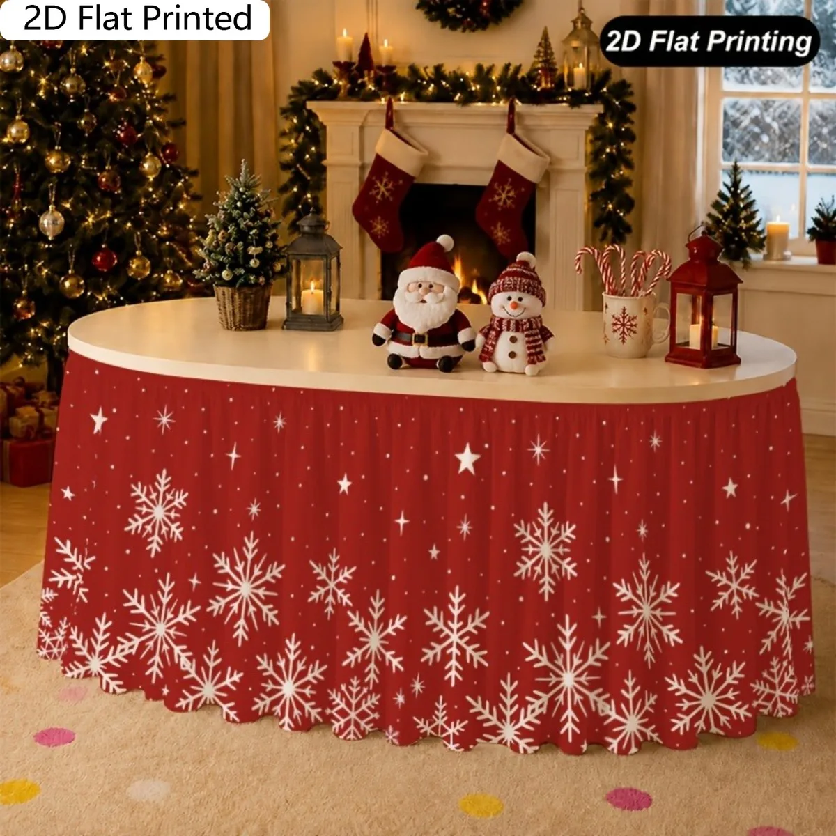 1PC2D flat print Christmas table skirt, snowflake red background table skirt, suitable for family kitchen Christmas decoration