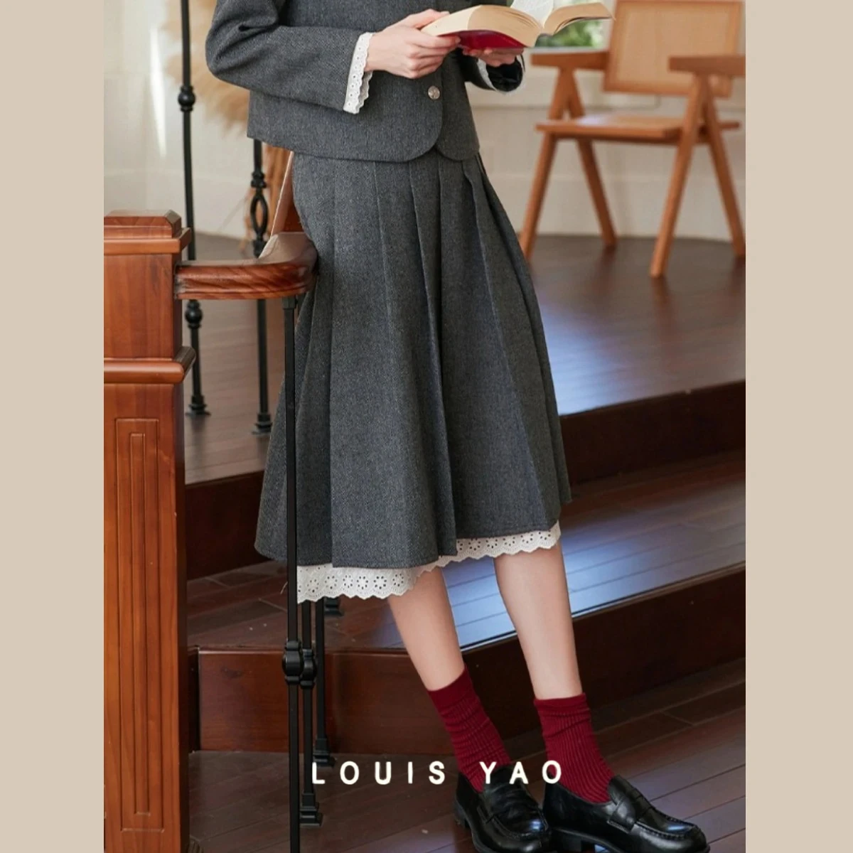 

LOUIS YAO New Lace Patchwork Mid-Calf Skirt 2025 Winter Sweet A-line Skirts Fairycore Long Women's Pleated Skirt