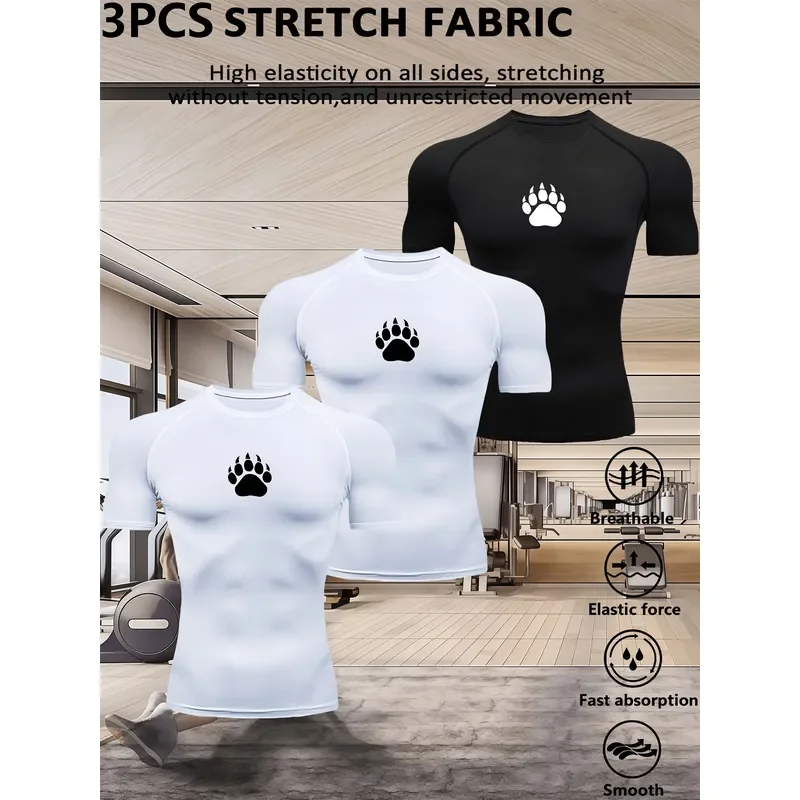 3PCS Men's Compression Short Sleeve T-Shirt High Elastic Quick Dry Athletic Base Layer Workout Top Sports Tight Fit Training