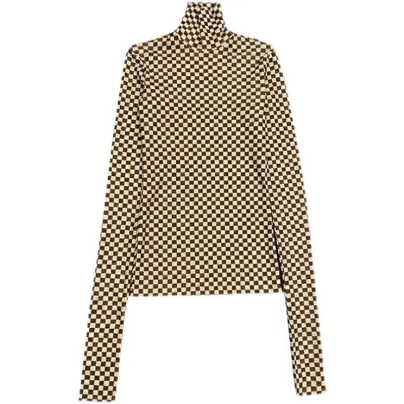 NA@ LUXURY Women\'s Undercoat Checker Print Autumn and Winter 2024 New High Neck Long Sleeve T-shirt