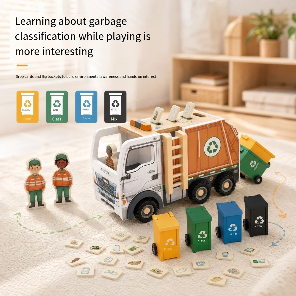 Wooden Garbage Truck Toy Recycling Sorting Game Educational Toy Waste Classification Learning Playset For Kids Pretend Play