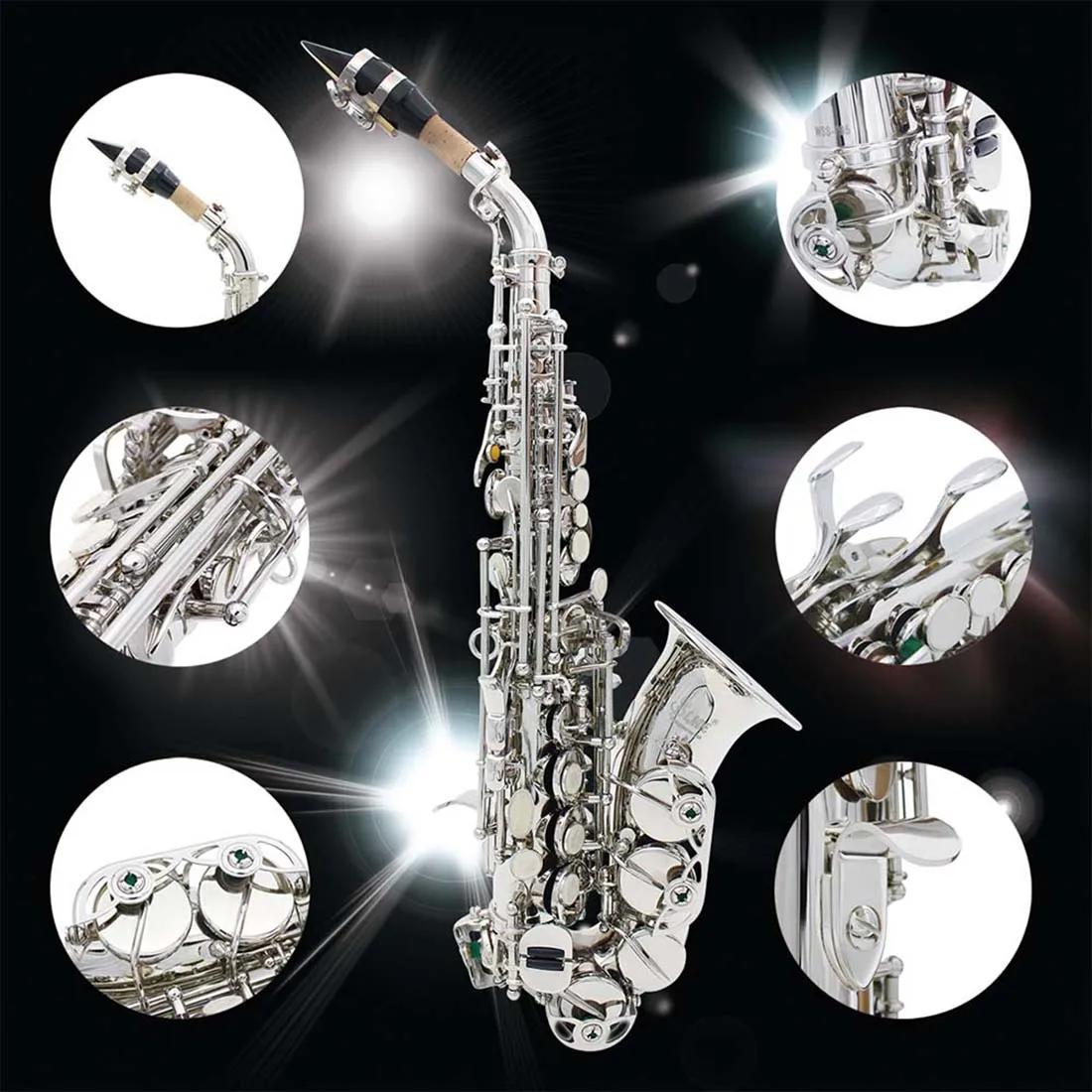 SLADE Silver Soprano Saxophone Student B Flat Paint Beginner Saxophone Set with Cleaning Cloth Suitcase Mouthpiece Reeds Part