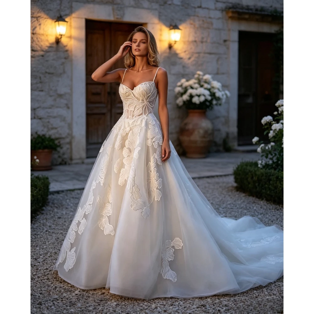 Customized White Chiffon Thin Shoulder Strap Wedding Dress 2026 Beaded Corset and 3D Floral Decal Luxurious A-line Bridal Gown