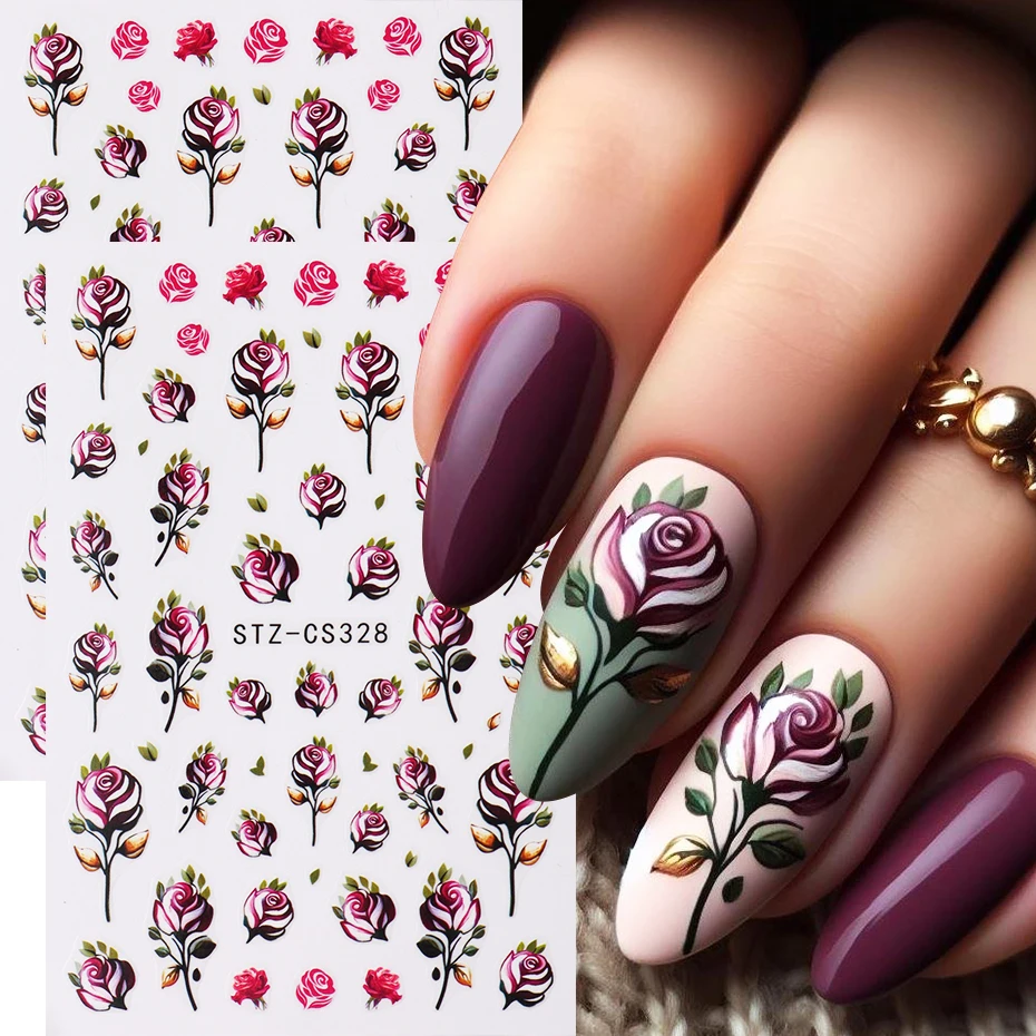 2 Stück Rosen-Nagelkunst-Aufkleber, romantisches lila und rosa Rosen-Design für den Valentinstag, ansprechender Stil, selbstklebende Maniküre-Dekoration