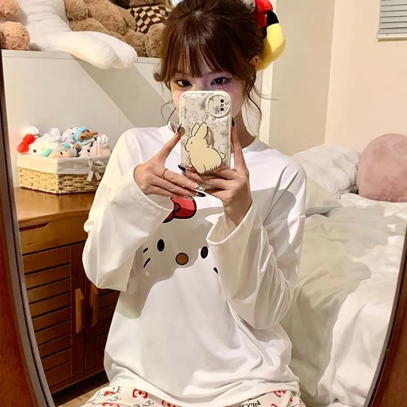 かわいいハローキティ女性パジャマセット春秋アニメ長袖パンツツーピースセット女の子ホームウェアカジュアルルーズラウンジウェア