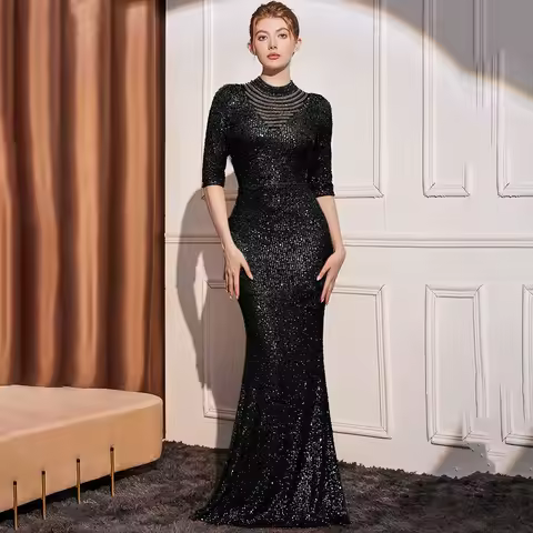 elegant women's sequins evening dress spring summer slim fit simple light luxury half sleeve dress fishtail wedding guset gown