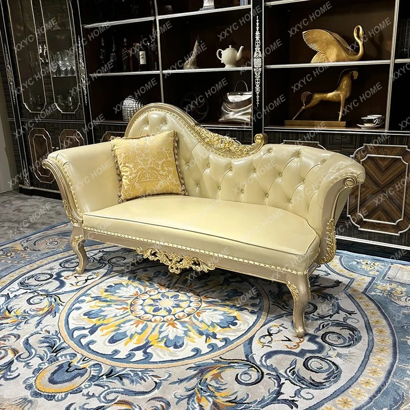 X-S solid wood leather chaise longue,  luxury carved beauty couch HG