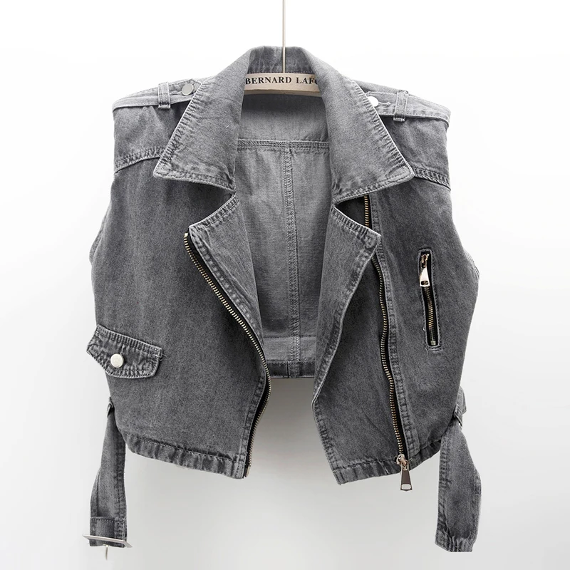 

Moto & Biker Style Zipper Denim Vest Women Slim Short Gray Waistcoat Cowboy Sleeveless Jacket Korean Hem Belt Jeans Vests Female