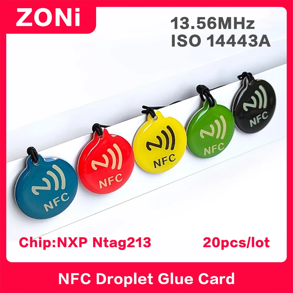 NFC 드롭 접착 카드 에폭시 스마트 카드 ISO14443A 13.56MHz NXP NTAG213 칩 방수 라벨 RFID HF 스마트 전자 태그 20개