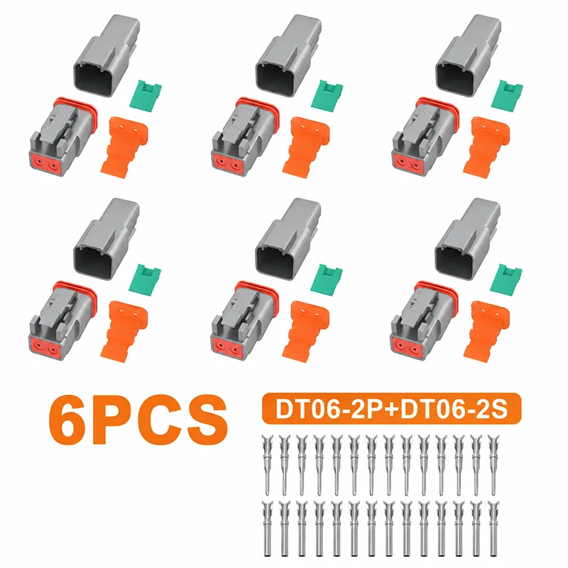 6 Sets DT04-2P DT06-2S 2 Pin Waterproof Electrical Wire Connector Male Female Plug Kit Solid Contacts 14-20AWG Automotive Use