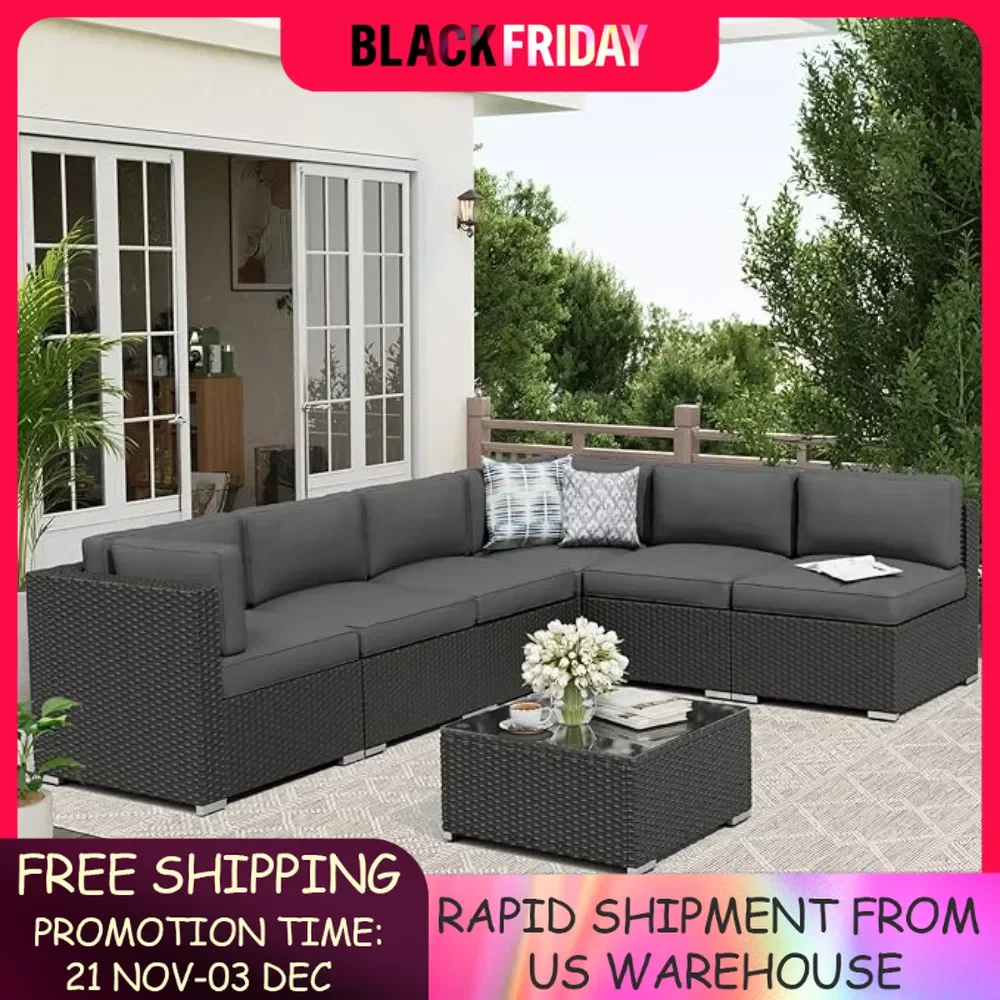 7-Piece Outdoor Patio Furniture Sofa Set Black Rattan with Glass Top Table and Cushions Wicker Sectional Conversation Sets