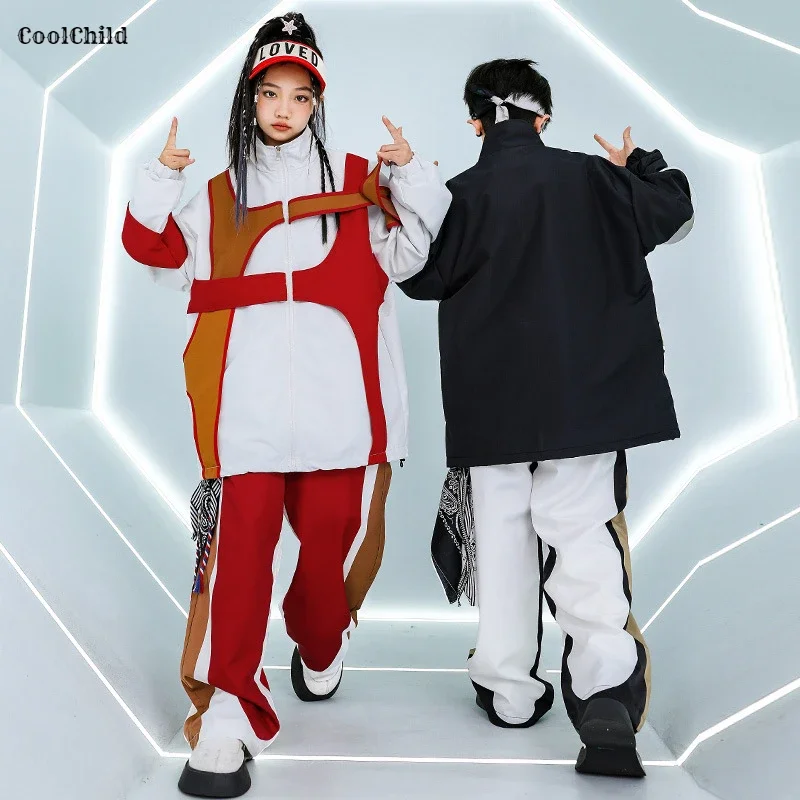 Boys Hip Hop Contrast Loose Coat Cargo Pants Girls Sports Jacket Sweatpants Kids Jazz Clothes Sets Children Streetwear Tracksuit