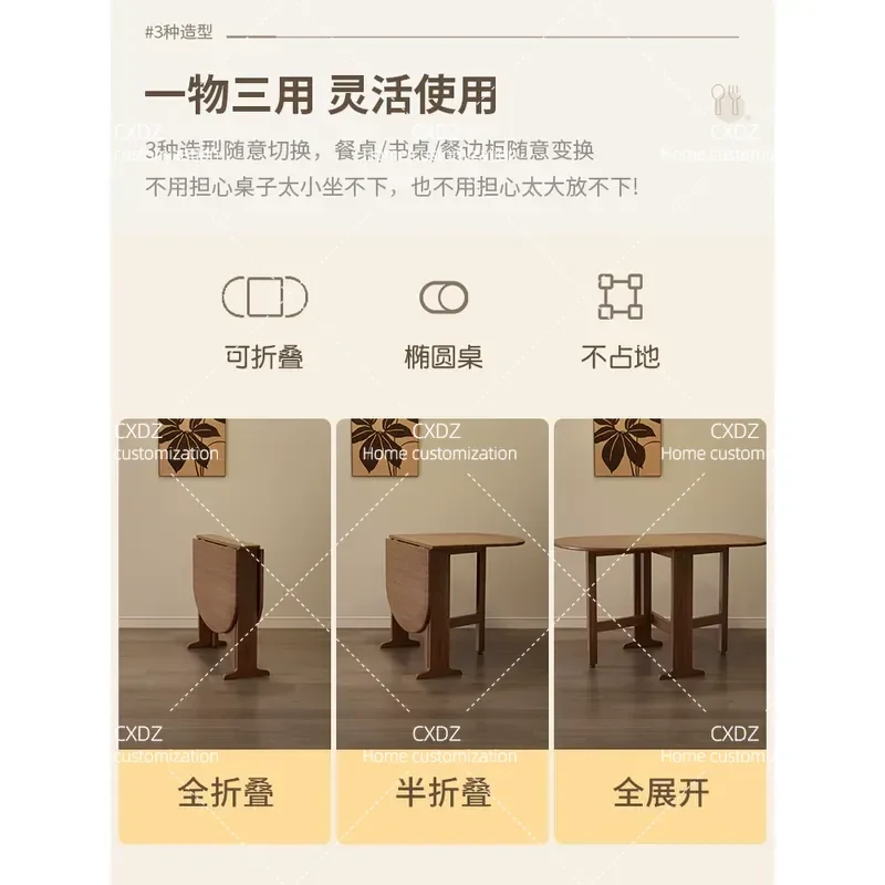 Solid Wood Folding Dining Table Small Round Portable Modern Style for Small Apartment Rental House Household Kitchen