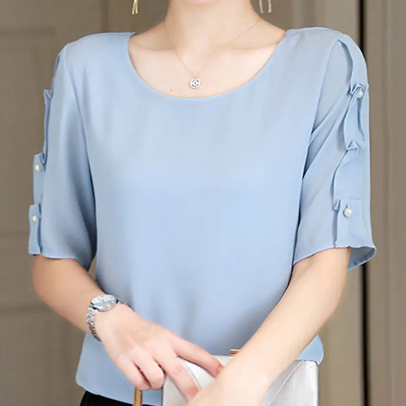 夏の女性のための半袖シフォンシャツ新しい韓国ファッション OL ミッドスリーブシャツファッショナブルなデザインプロフェッショナルトップ