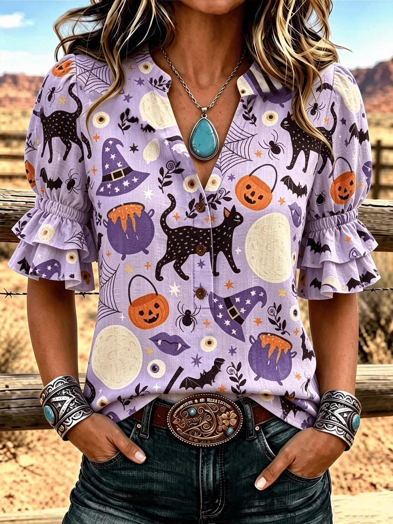 Womens Purple Halloween Black Cat Witch Spider Web Pumpkin Allover Print Notched Collar Double Ruffle Sleeve Casual Blouse Tops