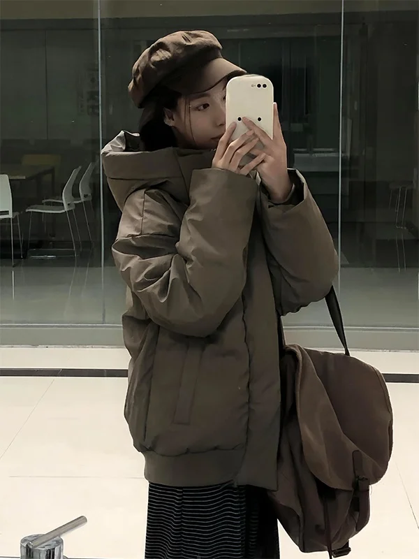 

Retro American Style Loose Fit Thickened Cotton Puffer Jacket Women's Winter Warm Coat Stand Collar Trendy Small Size