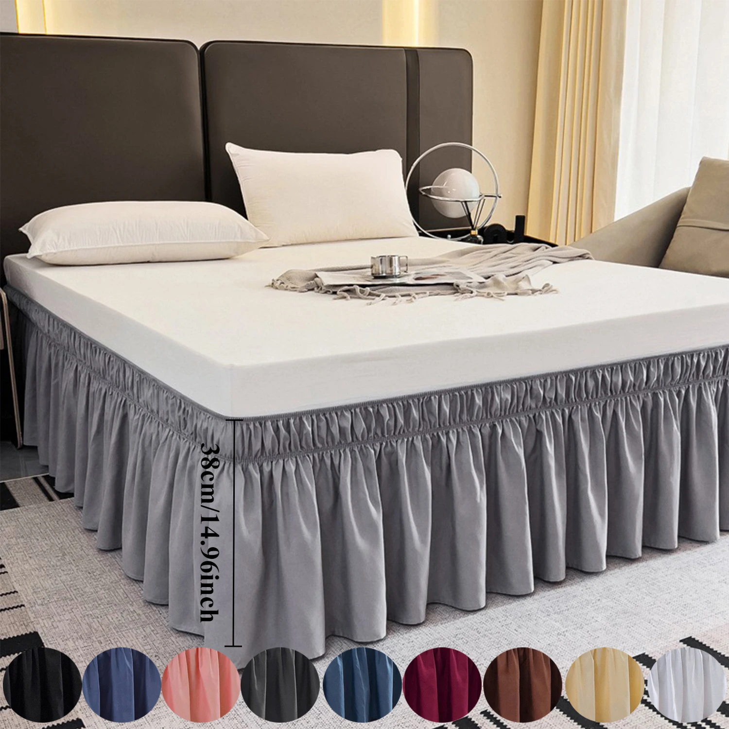 

ElasticBed Ruffle Easy Wrap Around Ruffle Microfiber Bed Skirt with Adjustable Elastic Belt 15Inch Tailored Drop MachineWashable