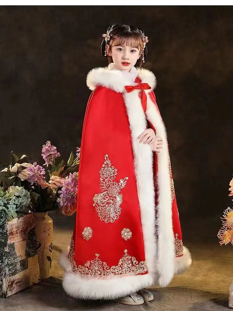 New Red Thick Coat Hanfu Cloak Autumn and Winter Windproof Cape Chinese Style Little Girl Floral Embroidery 3-12 yeas